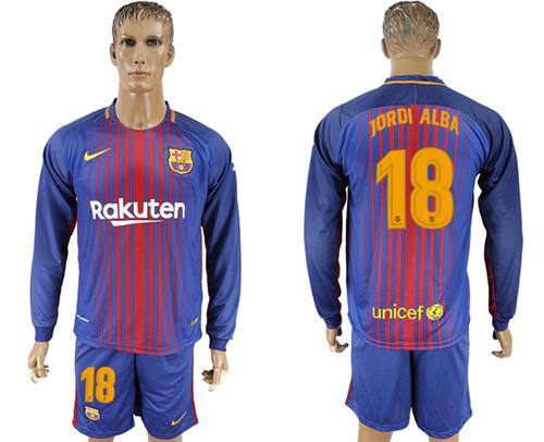 Barcelona #18 Jordi Alba Home Long Sleeves Soccer Club Jersey - Click Image to Close